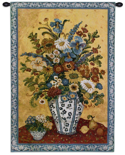 Suzanne's Blue and White by Etienne | Woven Tapestry Wall Art Hanging | Colorful Flower Blooms Still Life | 100% Cotton USA Size 34x26 Wall Tapestry