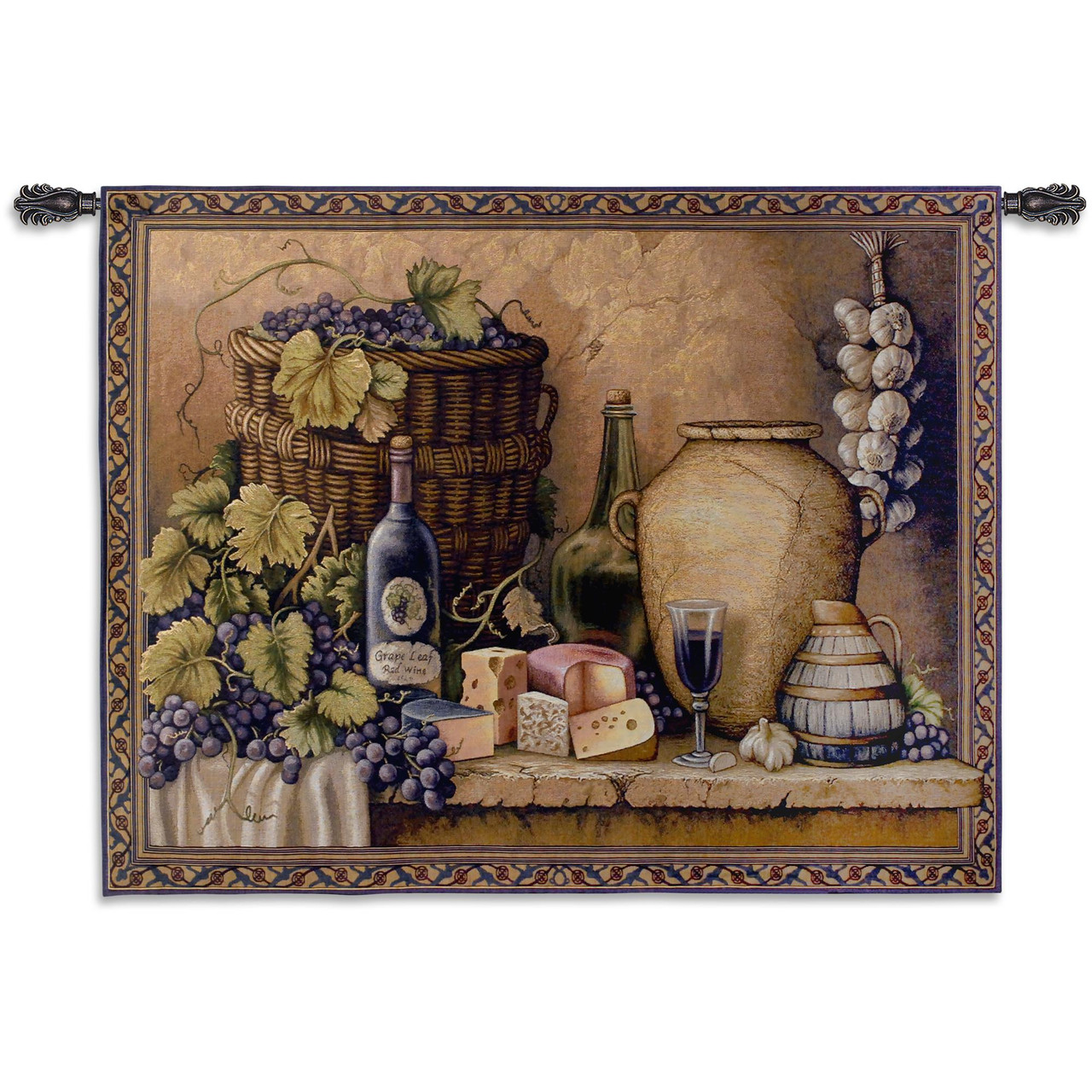 Wine Tasting Woven Tapestry Wall Art Hanging Grapes Wine and Cheese Still Life 100 Cotton USA Size 52x40