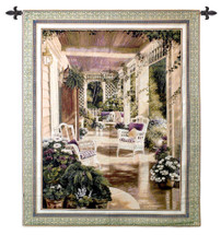 Vintage Comfort by Betsy Brown | Woven Tapestry Wall Art Hanging | Exquisite Floral Country Porch Scene in Green and Burgundy | 100% Cotton USA Size 53x42 Wall Tapestry