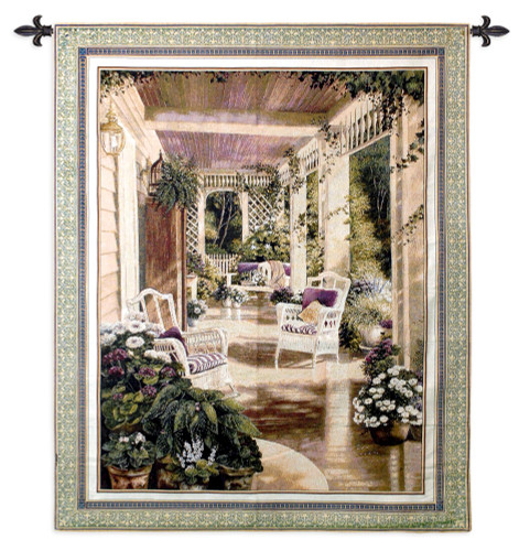 Vintage Comfort by Betsy Brown | Woven Tapestry Wall Art Hanging | Exquisite Floral Country Porch Scene in Green and Burgundy | 100% Cotton USA Size 53x42 Wall Tapestry