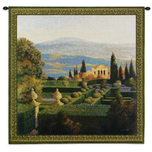 Villa d'Orcia by Max Hayslette | Woven Tapestry Wall Art Hanging | Villa Courtyard with Lush European Landscape | 100% Cotton USA Size 35x35 Wall Tapestry