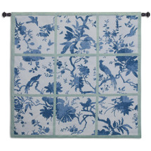 Floral Division Blue and Green | Woven Tapestry Wall Art Hanging | Silhouetted Tropical Birds and Plants Panel Artwork | 100% Cotton USA Size 44x41 Wall Tapestry