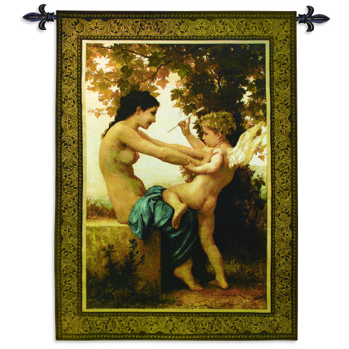 Young Girl Defending Herself against Eros | Woven Tapestry Wall Art Hanging | Lush Cupid Scene under Maple Tree | 100% Cotton USA Size 52x37 Wall Tapestry