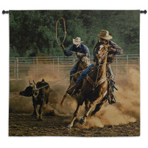 Roping on the Ranch III by Robert Duncan | Woven Tapestry Wall Art Hanging | Realistic Cowboy Cattle Roping Scene | 100% Cotton USA Size 53x53 Wall Tapestry
