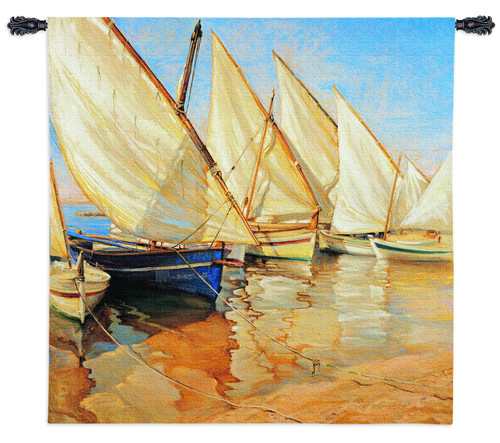 White Sails I by Jaume Laporta | Woven Tapestry Wall Art Hanging | Sailboats on Seascape Harbor Nautical Artwork | 100% Cotton USA Size 54x53 Wall Tapestry