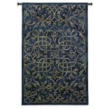 Porte Azur | Woven Tapestry Wall Art Hanging | Golden Lines on Indigo Background Intricate Scrollwork Design | 100% Cotton USA Size 79x53 Wall Tapestry