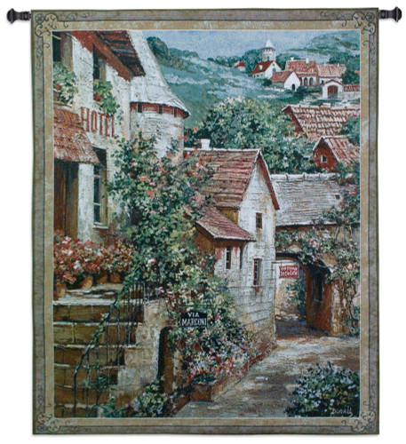 Italian Country Village I by Roger Duvall | Woven Tapestry Wall Art Hanging | Vintage Italian Cobblestone Alley with Hotel | 100% Cotton USA Size 62x51 Wall Tapestry