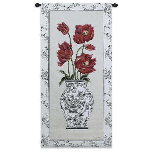 Chinois Tulip | Woven Tapestry Wall Art Hanging | Vibrant Red Flowers in Stark Black and White Vase | 100% Cotton USA Size 53x25 Wall Tapestry