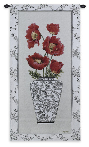 Chinois Poppy | Woven Tapestry Wall Art Hanging | Vibrant Red Flowers in Stark Black and White Vase | 100% Cotton USA Size 53x25 Wall Tapestry