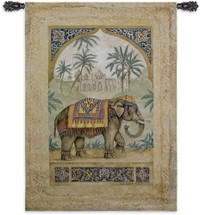 Old World Elephant I Trunk Down by Debra Swartzendruber | Woven Tapestry Wall Art Hanging | Regal Indian Elephant among Palms | 100% Cotton USA Size 52x36