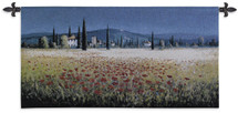 Tuscan Pan Poppies | Woven Tapestry Wall Art Hanging | Poppies with Indigo Sky Tuscan Landscape Panorama | 100% Cotton USA Size 53x26 Wall Tapestry