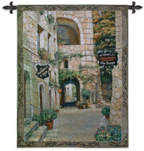 Italian Country Village II by Roger Duvall | Woven Tapestry Wall Art Hanging | Vintage Italian Cobblestone Alley with Candy and Drug Stores | 100% Cotton USA Size 53x42 Wall Tapestry
