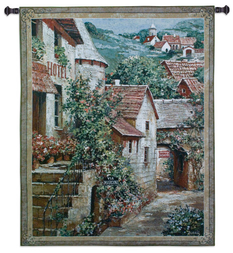 Italian Country Village I by Roger Duvall | Woven Tapestry Wall Art Hanging | Vintage Italian Cobblestone Alley with Hotel | 100% Cotton USA Size 53x42 Wall Tapestry
