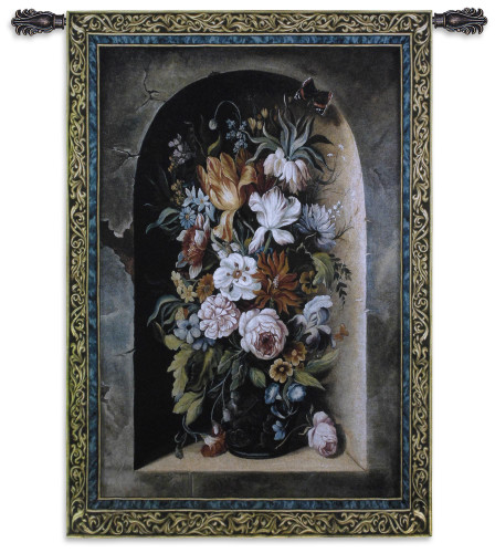 Flowers of Harmony | Woven Tapestry Wall Art Hanging | Large Floral Bouquet Urn Still Life on Stone Ledge | 100% Cotton USA Size 76x53 Wall Tapestry