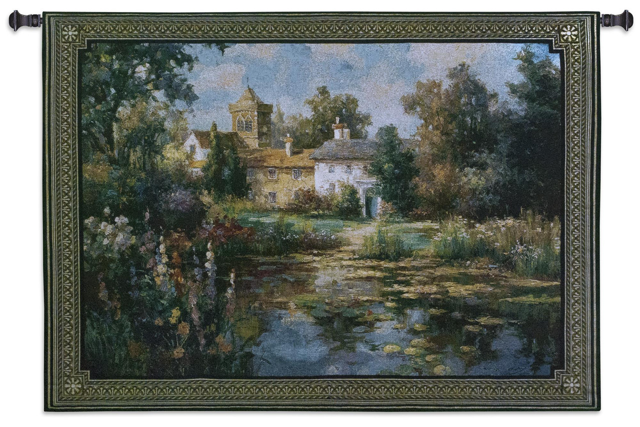 Summer Escape by Vail Oxley Woven Tapestry Wall Art Hanging Peaceful  Floral Pond Befor Stately English Manor 100% Cotton USA Size 53x37