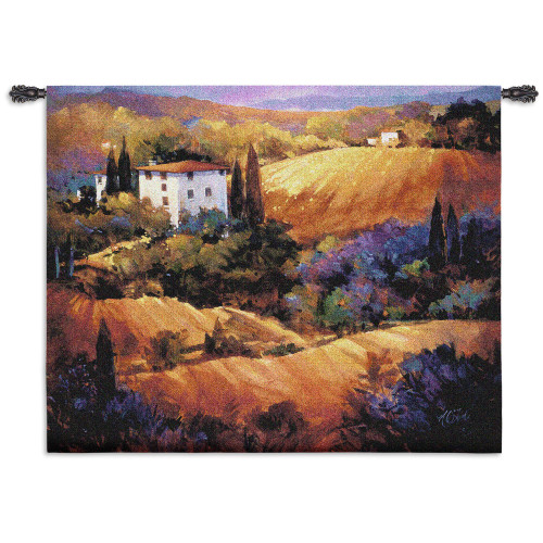 Evening Glow by Nancy O'Toole | Woven Tapestry Wall Art Hanging | Colorful Tuscan Countryside Sunset | 100% Cotton USA Size 53x53 Wall Tapestry