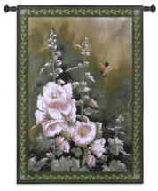 Hollyhock Hummer by Catherine McClung | Woven Tapestry Wall Art Hanging | Hummingbird at Blooming Flowers on Soft Green | 100% Cotton USA Size 53x38 Wall Tapestry