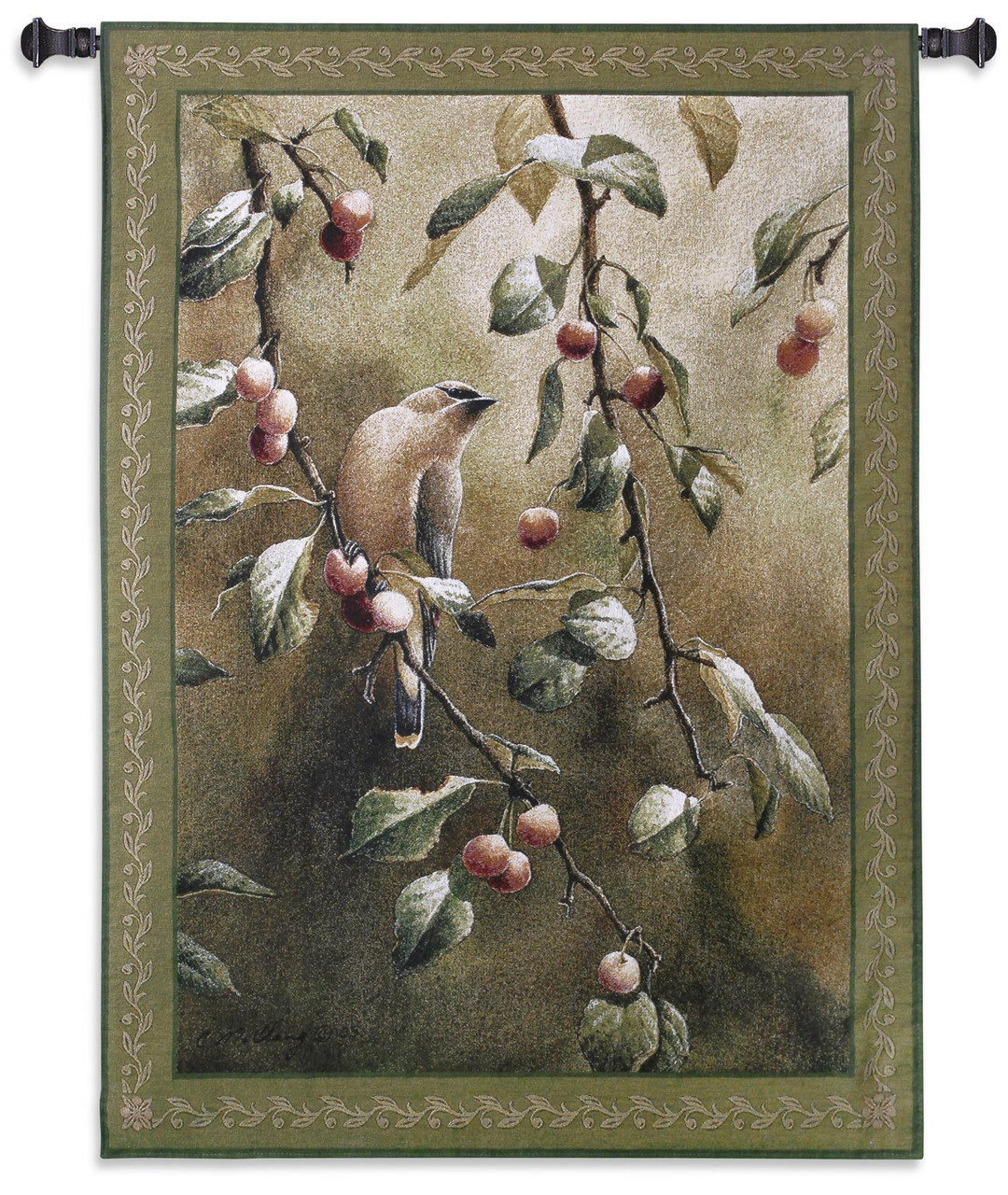 Cherry Chase By Catherine Mcclung Woven Tapestry Wall Art Hanging Romantic Bird Perched On Cherry Tree 100 Cotton Usa Size 53x38