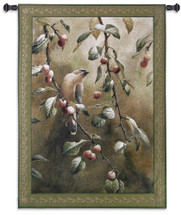 Cherry Chase by Catherine McClung | Woven Tapestry Wall Art Hanging | Romantic Bird Perched on Cherry Tree | 100% Cotton USA Size 53x38 Wall Tapestry