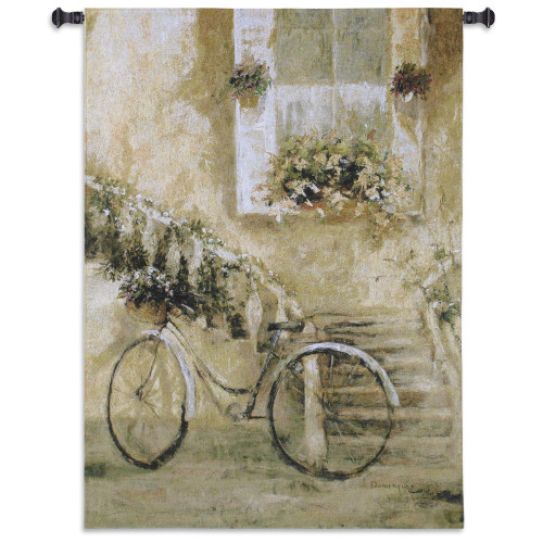 Courtyard Bicycle | Woven Tapestry Wall Art Hanging | Impressionist Blooming Staircase Scene | 100% Cotton USA Size 53x38 Wall Tapestry
