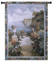 Tranquil Overlook by James Reed | Woven Tapestry Wall Art Hanging | Intriguing Floral Walkway to Lush Seascape View | 100% Cotton USA Size 52x37 Wall Tapestry