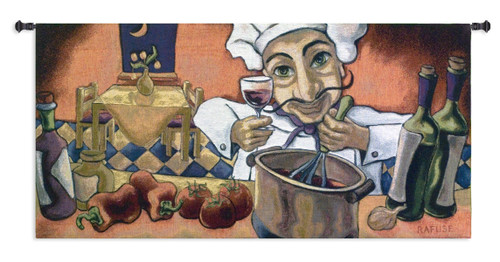 Maurice by Will Rafuse | Woven Tapestry Wall Art Hanging | Smiling Chef Cooking while Drinking Wine | 100% Cotton USA Size 53x37 Wall Tapestry