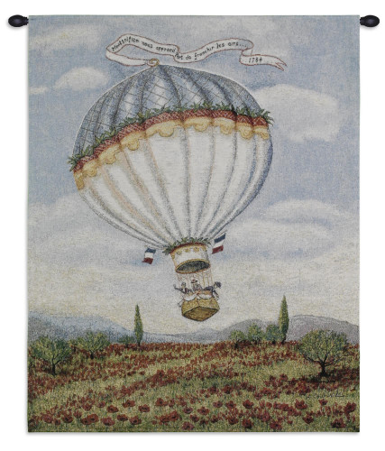 Balloon over Poppy by Alexandra Churchill | Woven Tapestry Wall Art Hanging | Whimsical French Hot Air Balloon Ride | 100% Cotton USA Size 32x27 Wall Tapestry