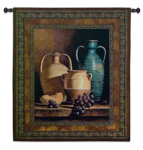 Jugs on a Ledge by Loran Speck | Woven Tapestry Wall Art Hanging | Terracotta Water Jugs and Fruit Still Life | 100% Cotton USA Size 53x45 Wall Tapestry