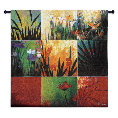 Tropical Nine Patch by Don Li-Leger | Woven Tapestry Wall Art Hanging | Abstract Tropical Floral Color Panels | 100% Cotton USA Size 53x53 Wall Tapestry
