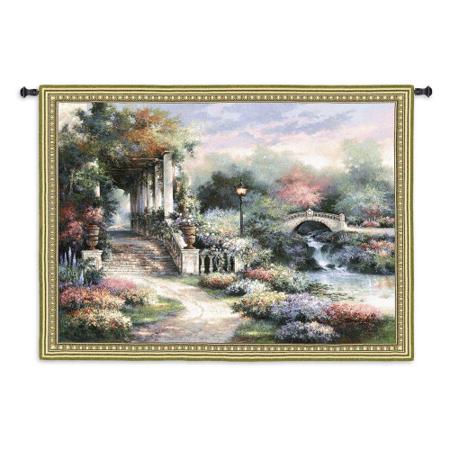 Classic Garden Retreat by James Lee | Woven Tapestry Wall Art Hanging | Scenic Flower Garden on Shimmering River Landscape | 100% Cotton USA Size 68x53 Wall Tapestry