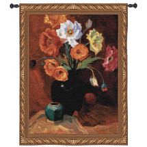 Poppies in Black | Woven Tapestry Wall Art Hanging | Vibrant Floral Vase Still Life | 100% Cotton USA Size 53x40 Wall Tapestry