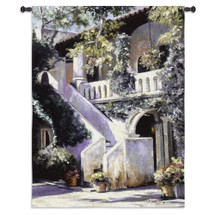 Balcony de la Flora | Woven Tapestry Wall Art Hanging | Lush Floral Staircase and Balcony | 100% Cotton USA Size 52x40 Wall Tapestry
