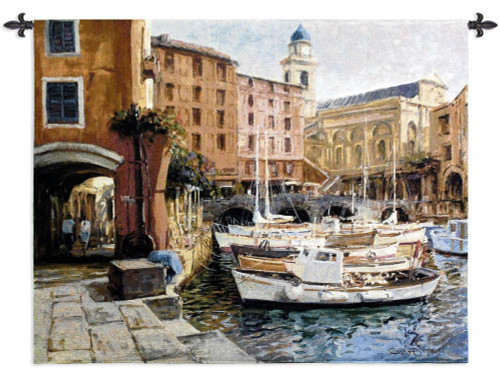 Mediterranean Colors by George Bates | Woven Tapestry Wall Art Hanging | Boats at European City Harbor | 100% Cotton USA Size 53x42 Wall Tapestry