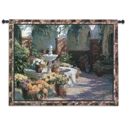 La Fuente Seca by J. Chris Morel | Woven Tapestry Wall Art Hanging | Tuscan Floral Fountain Classic Courtyard Artwork | 100% Cotton USA Size 53x40 Wall Tapestry