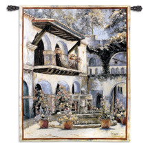 Placita de las Flores by Mary Schaefer | Woven Tapestry Wall Art Hanging | Classic Spanish Style Stucco Courtyard with Fountain | 100% Cotton USA Size 53x40 Wall Tapestry
