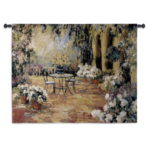 Floral Courtyard by Allayn Stevens | Woven Tapestry Wall Art Hanging | Table for Two in Lush Impressionist Brick Courtyard | 100% Cotton USA Size 53x40 Wall Tapestry