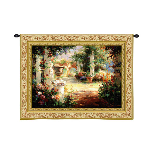 Sunlit Courtyard by Wei Haibin | Woven Tapestry Wall Art Hanging | Vibrant Floral Walkway with Stone Columns | 100% Cotton USA Size 70x53 Wall Tapestry