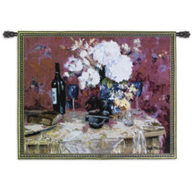 White Roses with Wine by Allayn Stevens | Woven Tapestry Wall Art Hanging | Contemporary Floral Wine Still Life | 100% Cotton USA Size 53x40 Wall Tapestry