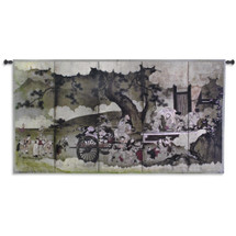 Seven Gods of Good Fortune and Chinese Children | Woven Tapestry Wall Art Hanging | Japanese Edo Period Folding Panel Ink Artwork | 100% Cotton USA Size 102x53 Wall Tapestry