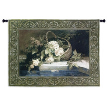 Magnolia Reflections by Riccardo Bianchi | Woven Tapestry Wall Art Hanging | White Magnolias Still Life Basket Bouquet by Stone Pool | 100% Cotton USA Size 53x38 Wall Tapestry