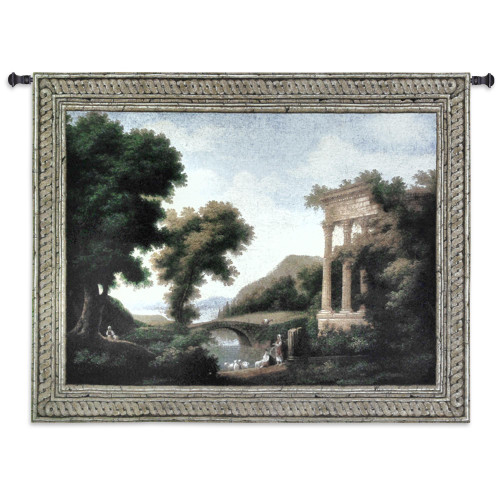 Afternoon Retreat | Woven Tapestry Wall Art Hanging | Villagers Resting at Forest Bridge | 100% Cotton USA Size 53x40 Wall Tapestry
