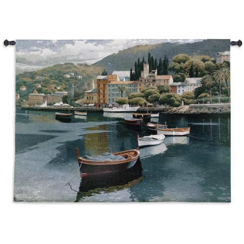 Before the Rain by Ramon Pujol | Woven Tapestry Wall Art Hanging | Sailboats at Tropical Hillside Village Harbor | 100% Cotton USA Size 53x38 Wall Tapestry