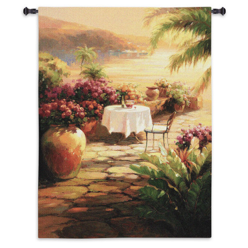 Courtyard View II | Woven Tapestry Wall Art Hanging | Contemporary Tuscan Villa Harbor Tropical Seascape | 100% Cotton USA Size 53x39 Wall Tapestry