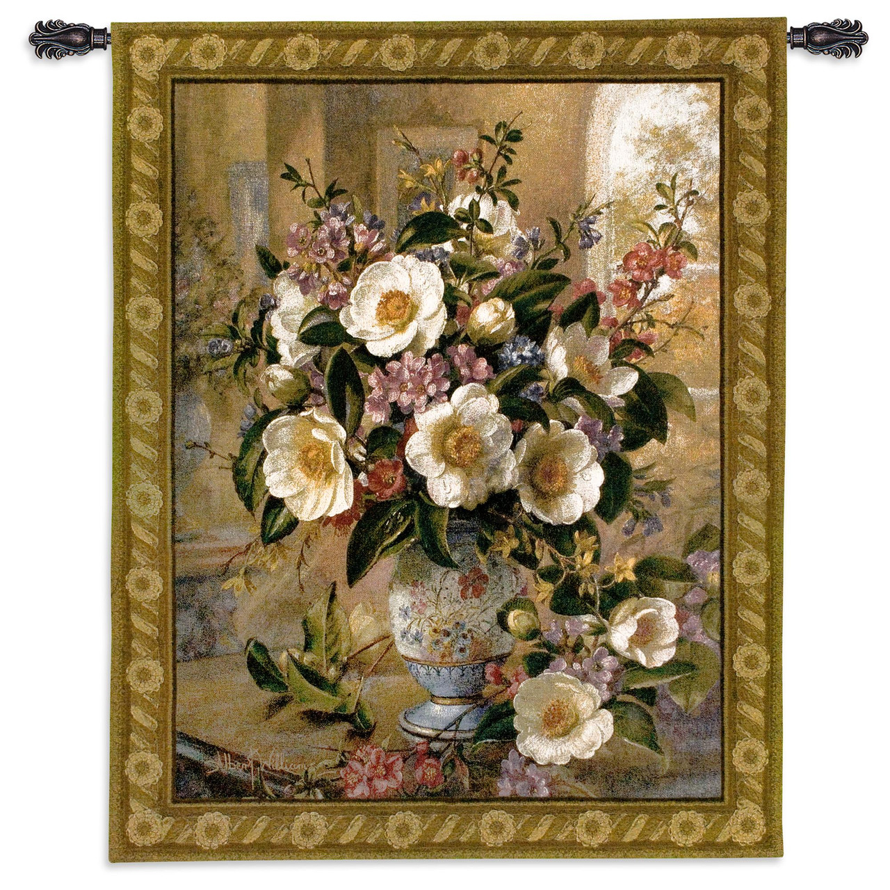 Whimsy, Woven Tapestry Wall Art Hanging, Classic Spring Magnolia Floral  Mixture in Porcelain Vase Still Life