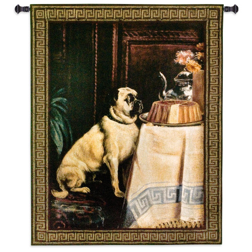 Temptation | Woven Tapestry Wall Art Hanging | Well Behaved Mastiff Resisting to Spoil Dessert | 100% Cotton USA Size 53x40 Wall Tapestry