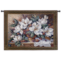 Enduring Riches by Barbara Mock | Woven Tapestry Wall Art Hanging | Magnolia Floral Arrangement with Lace Still Life | 100% Cotton USA Size 53x41 Wall Tapestry