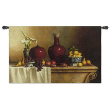 Oriental Still Life with Lilies by Loran Speck | Woven Tapestry Wall Art Hanging | Exquisite Vases and Fruit on Table | 100% Cotton USA Size 53x34 Wall Tapestry