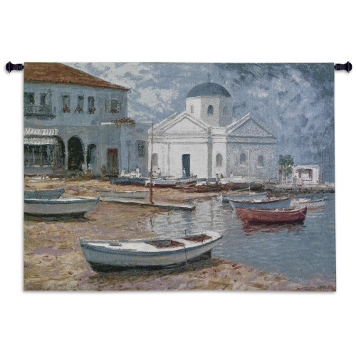 Mykonos I by George W. Bates | Woven Tapestry Wall Art Hanging | Impressionist Greek Waterfront Painting | 100% Cotton USA Size 53x40 Wall Tapestry