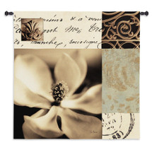 Magnolia Montage by Julie Greenwood | Woven Tapestry Wall Art Hanging | Black and White Floral Design with Inscriptions Scroll Artwork | 100% Cotton USA Size 53x53 Wall Tapestry