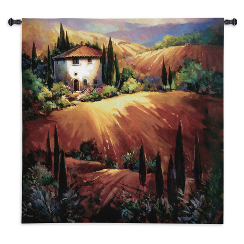 Golden Tuscany by Nancy O'Toole | Woven Tapestry Wall Art Hanging | Impressionist Tuscan Villa Hillside at Sunset | 100% Cotton USA Size 53x53 Wall Tapestry